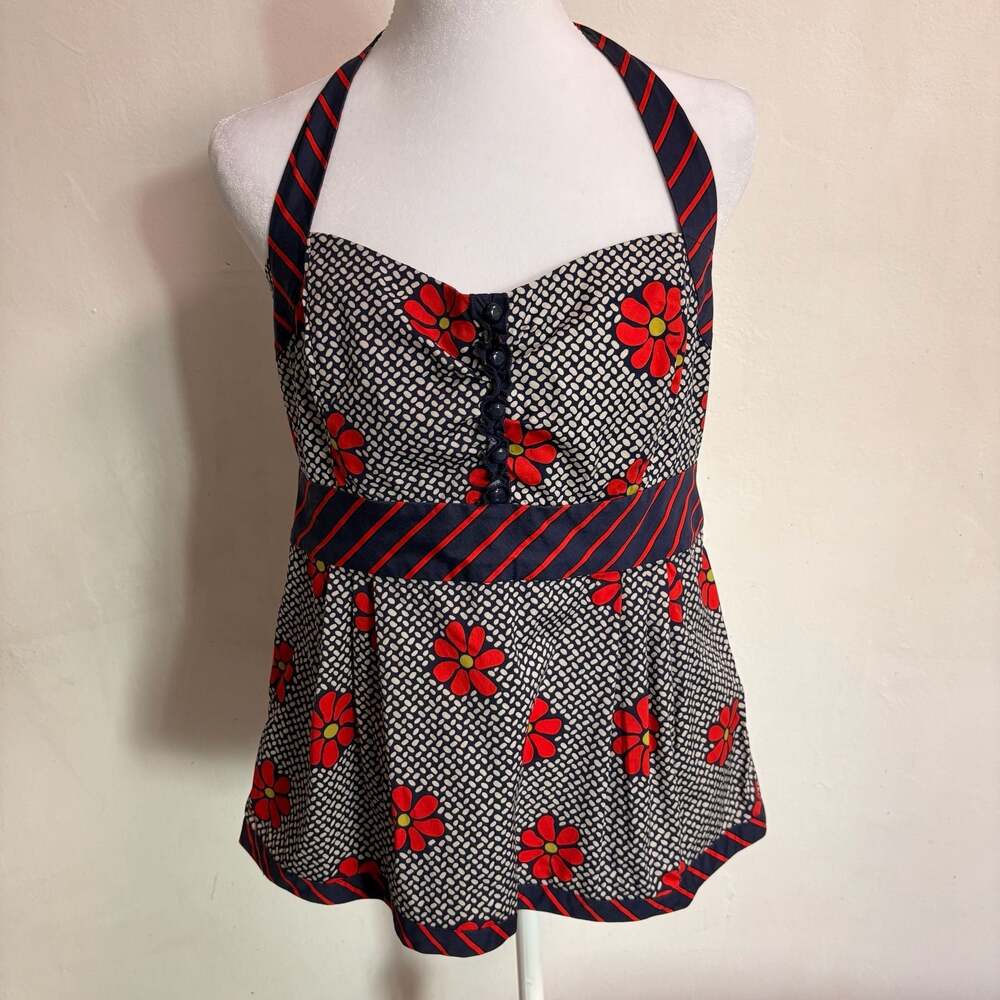 Odille Anthropologie Floral Geometric Halter Top Size 10 Retro Pin-Up Spring Red